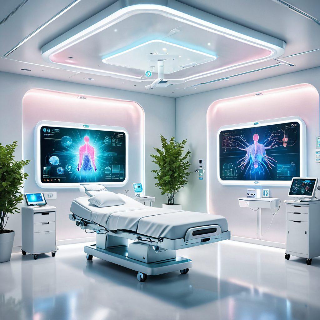 A futuristic hospital room filled with advanced technology, showcasing a holographic interface displaying cancer treatment breakthroughs, compassionate healthcare professionals assisting patients, and supportive environments with calming colors and nature elements. The scene emphasizes hope, innovation, and care in cancer therapy. super-realistic. vibrant colors. white background.